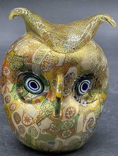 Vintage Murano Style Art Glass Owl Paperweight: Vintage Murano Style Art Glass Owl Paperweight. Shimmery gold tone flecks alongside vibrant multicolored hues. Measures approx. 2.5H x 2.25W in. Surface wear consistent with age, use, and exposure. ho