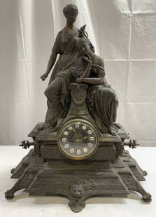 Antq French Bronze Mantel Clk W Female Figures 2ft: Mantel clock appears to be bronze possibly gilt metal, possibly bronzed metal. Piece is antique. Clock has gilt metal hands and white with blue toned Roman numeral. Center of base has lion head figure