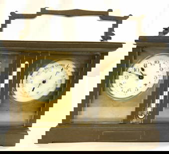 Vntg French Carriage Clock Barometer Thermometer: Piece is vintage. Piece appears to be French. Carriage clock barometer, thermometer. Piece is gold toned, appears to be brass. Piece has clock face, Thermometer & barometer face. Top of piece has hand