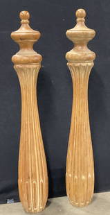 Pair Vintage Carved Wood Finial Posts, 39 inch ht: Pair of Vintage Carved Wood Finial Posts. Crafted from light hued wood. Measures approx. 39H x 5W in. Drilled holes to the undersides. Surface wear, residue, discoloration, and cracking present. Prope