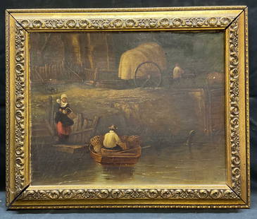Framed Antique Dutch Genre Scene Oil Painting: Antique framed oil on board painting. No visible signature observed. Dutch style genre scene. View of a man in boat with baskets, woman at dock holding child and basket, and rural waterside harbor set
