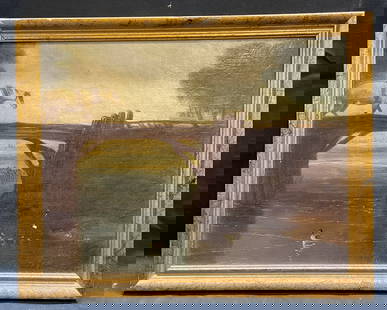 Antique Landscape Horse Scene Oil Painting: Antique framed oil on board painting. Copy after a 19th century English School painting, Wagon Crossing a Bridge. Country landscape with horse, water, and ducks. Gilt wood frame. Not examined out of f