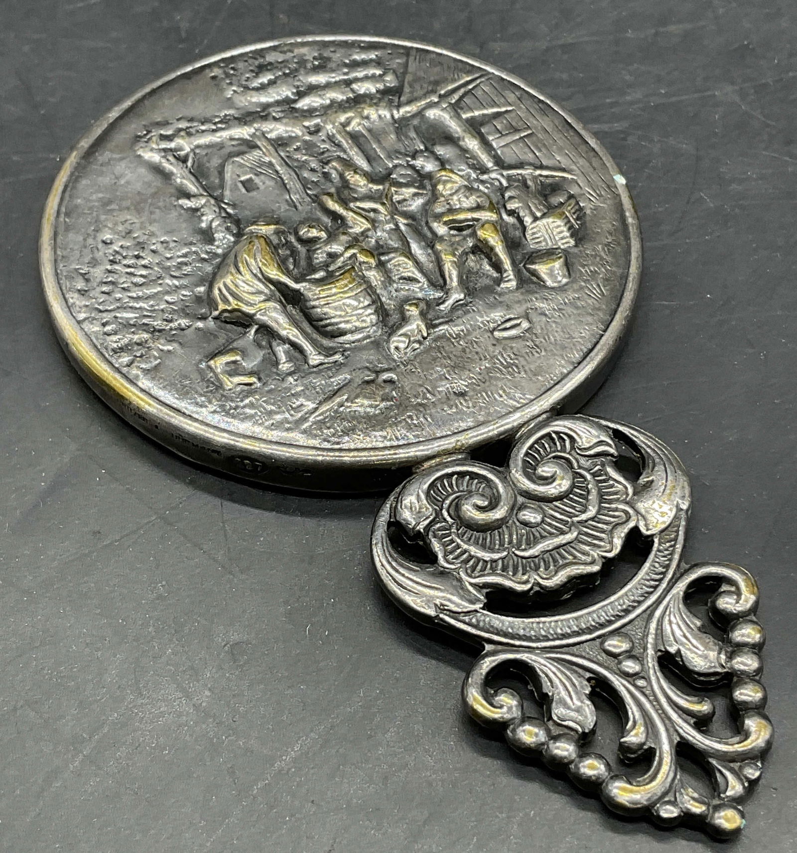 Signed Vtg Silver Plated Tavern Scene Hand Mirror (1 of 7)