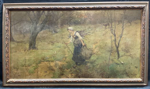 Signed Leon Moran Pastoral Woman Oil Painting: Framed antique oil on canvas painting. Signed at lower right, Leon Moran. John Leon Moran (American, b. 1864). Pastoral landscape scene with view of a woman gathering sticks and cows in background. Wo