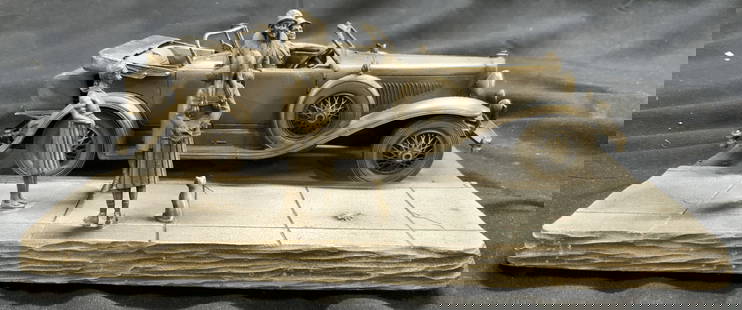Franklin Mint Raymond Meyers 1930 Pewt Duesenberg: Underside reads, Franklin Mint Raymond Meyers 1930 Duesenberg Model J Fine Pewter. Piece depicts male figure seated in automobile, 3 female figures & dog figure outside car. Piece is crafted from Pewt