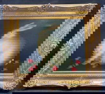 Signed Harris White Rabbit Oil Painting: Framed oil on canvas painting. Signed Harris at lower right. White rabbit with strawberries against dark blue background. Orange gilt wood frame with raised scroll design. Not examined out of frame. F