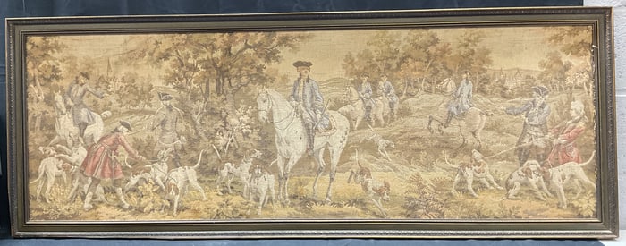 Antique Frmd Needlepoint Tapestry, Hunt Scene 4ft+