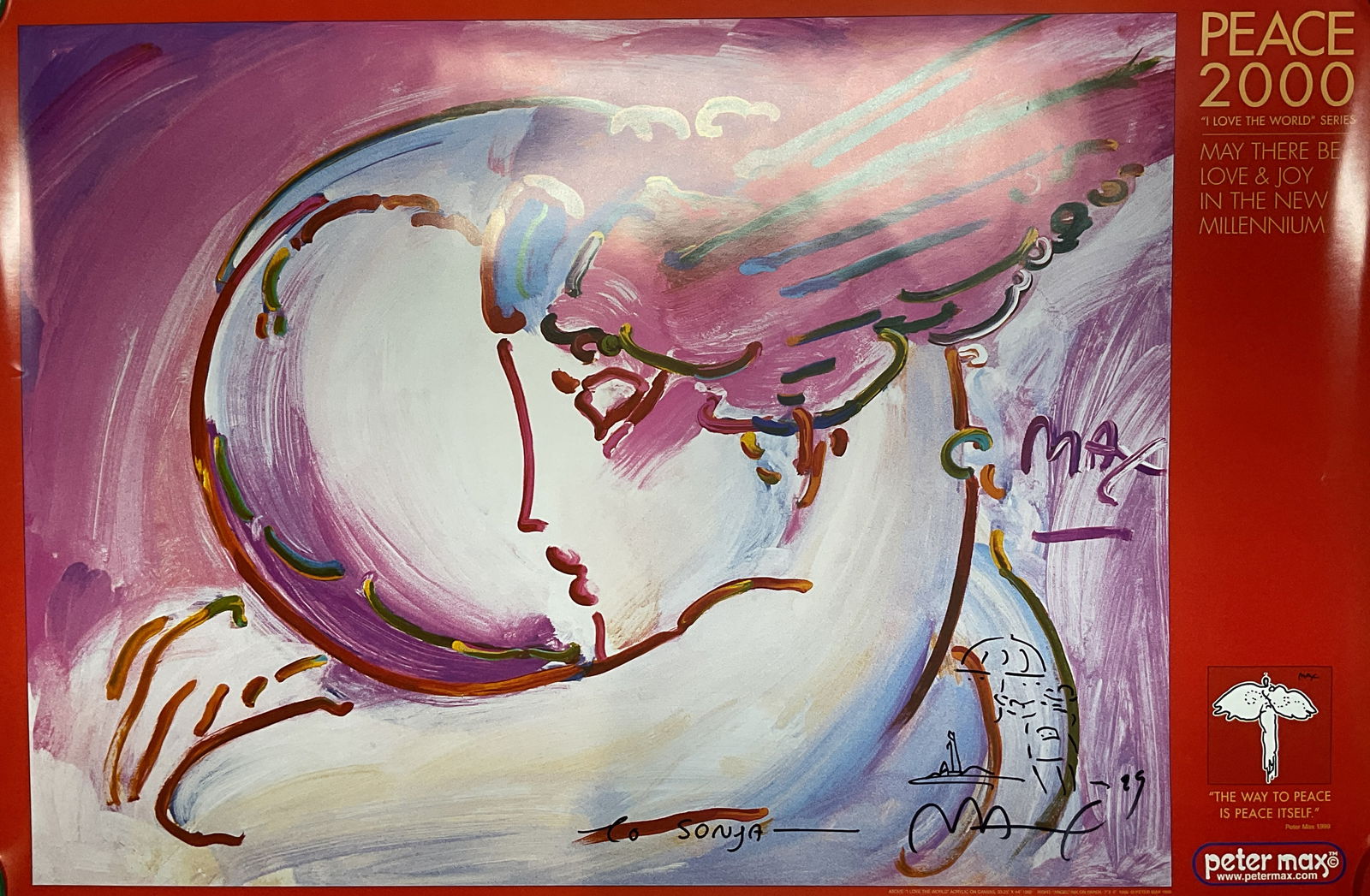 Signed Peter Max Peace 2000 Litho Poster: Peter Max offset lithograph poster. Peace 2000. From the I Love The World Series. Abstract head of a woman in vibrant pink and blue. Signed by the artist at lower right, dated 1999. Handwritten dedica