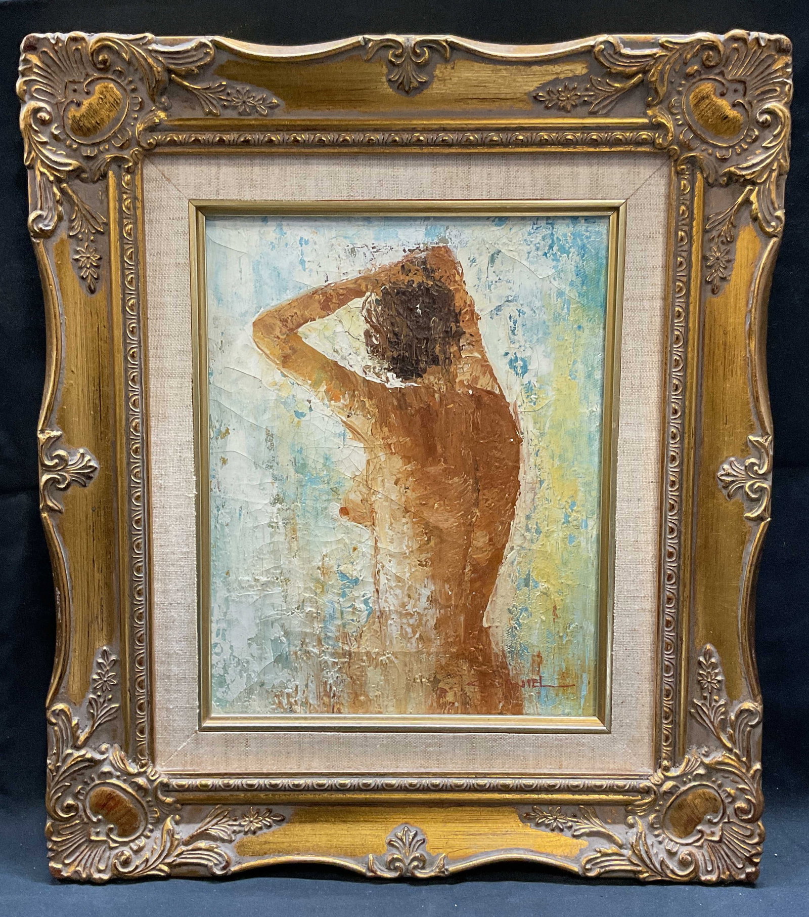 Framed Signed Daniel Nude Woman Oil Painting: Framed oil on canvas painting. Signed at lower right partially legible, appears L. Daniel. Abstracted view of a nude woman from behind. Neutral toned palette. Ornate gilt wood frame. Not examined out 