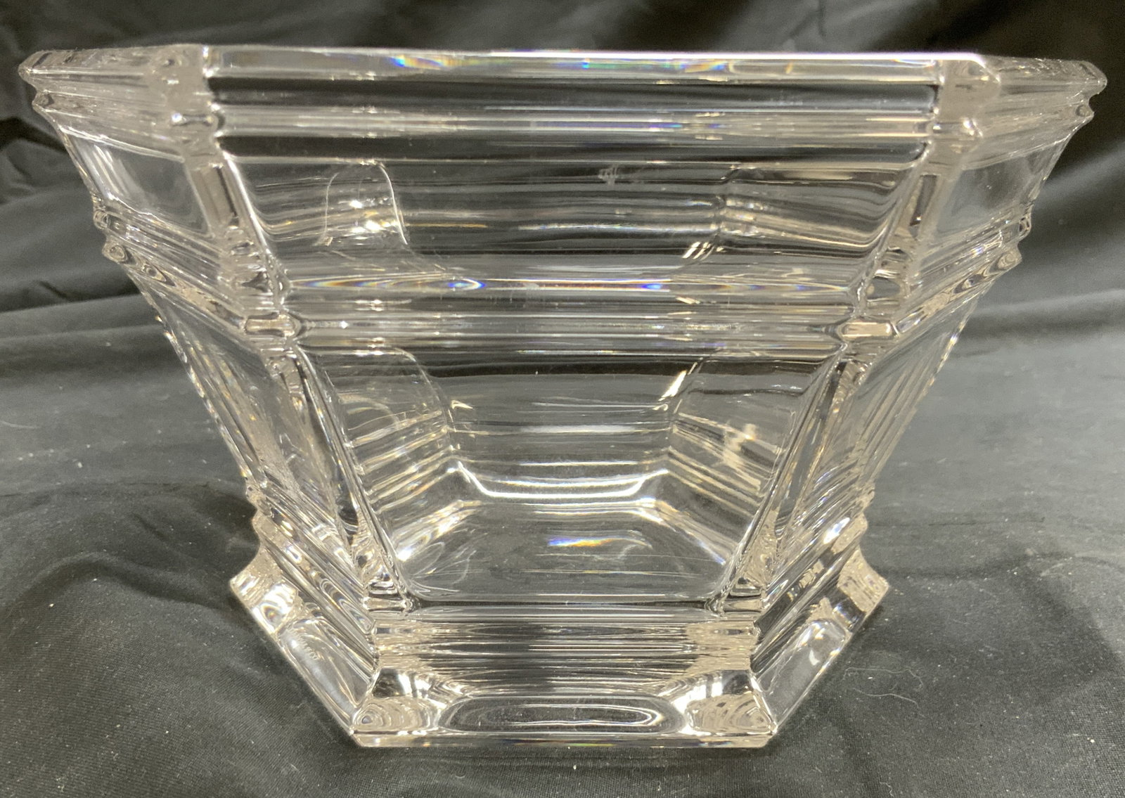 TIFFANY & CO Windham Crystal Bowl Vessel: Underside is signed TIFFANY & CO. Bowl is crystal. Piece has hexagonal form. Outer rim has lip. Piece measures approximately 7.5 inches wide 6.25 inches deep 4 inches tall. Bowl, crystal bowl, Tiffany
