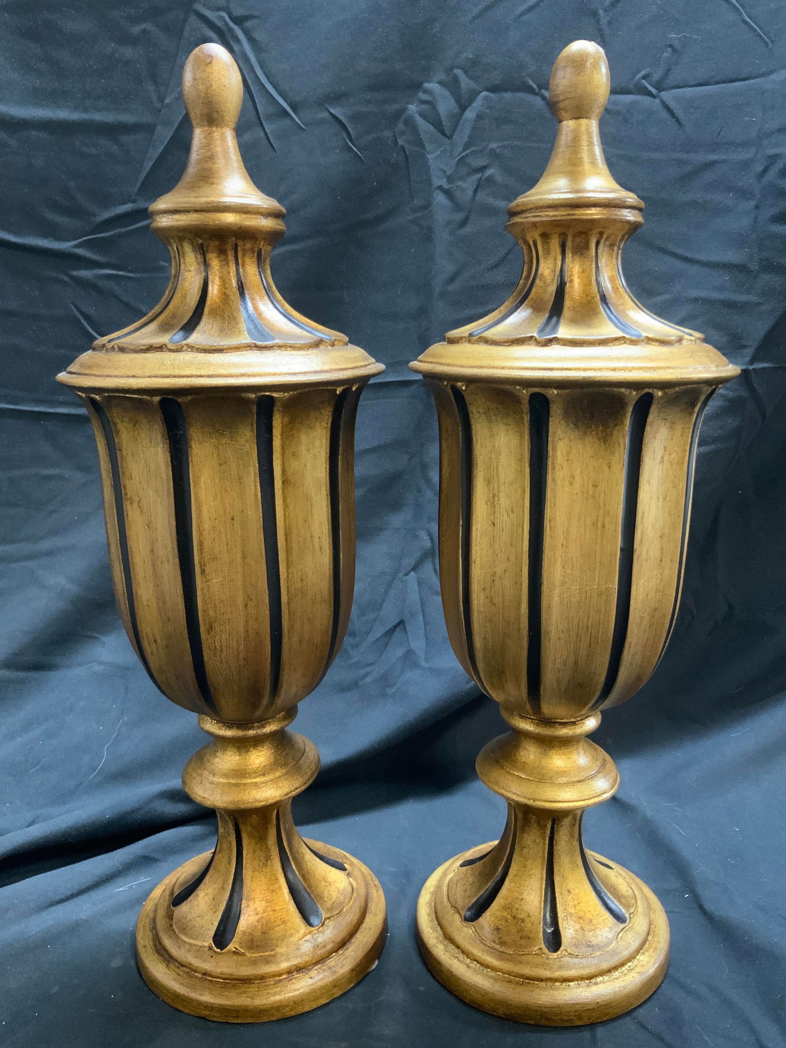 ETHAN ALLEN Pr Glt Ceramic Finial Accent Pcs ITALY: Tag on underside reads EA MADE IN ITALY. Lot includes 2 finial accent pieces. Each are gilt ceramic with black toned piping. Each piece is Pedestaled. Accent pieces have circular form bases. Each piec