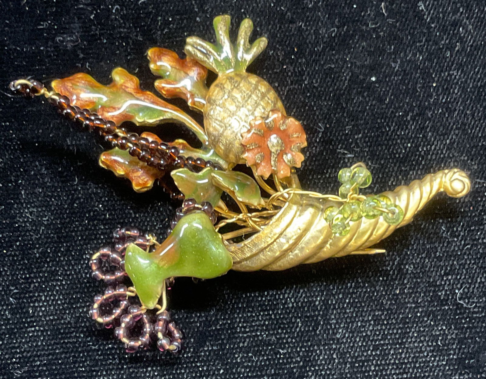 Vtg Gold Tn Enamel Beaded Cornucopia Brooch (1 of 6)