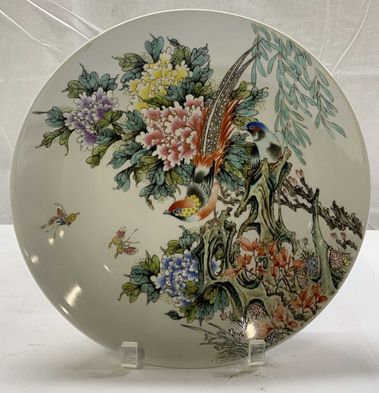Vintage Asian Tongzhi Floral & Bird Porc Plate: Vintage Asian Tongzhi Floral & Bird Porc Plate Porcelain hand-painted plate that has birds & floral motifs. Pattern is textured. Underside is marked & signed. Appears to read made in the Tongzhi Reign