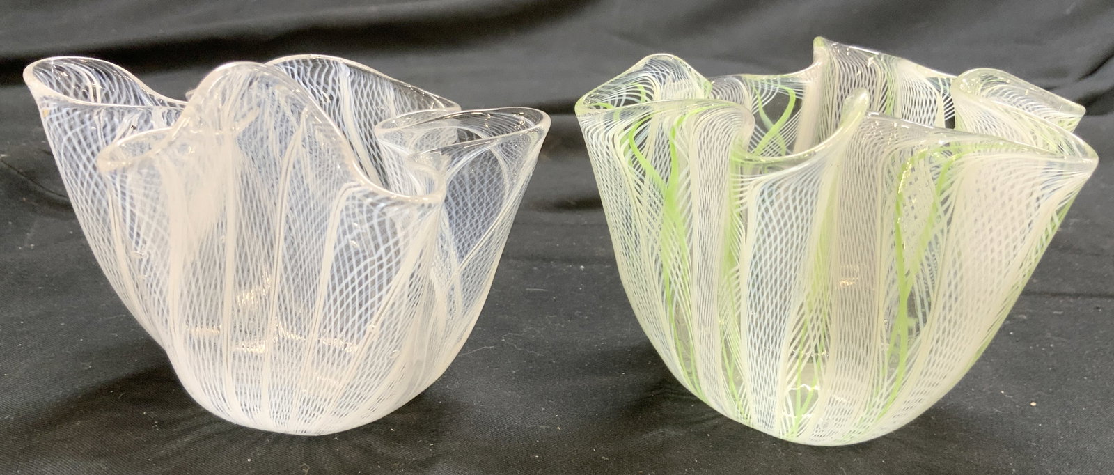 FULVIO BIANCOMI Fazzoletto Murano Latticino Vases: Underside of one vase is signed & read ITALIA. Lot includes 2 Fazzoletto (handkerchief) Latticino vases. Each appear to be by FLVIO BIANCOMI (no apparent marking to one, one signature illegible). Vase