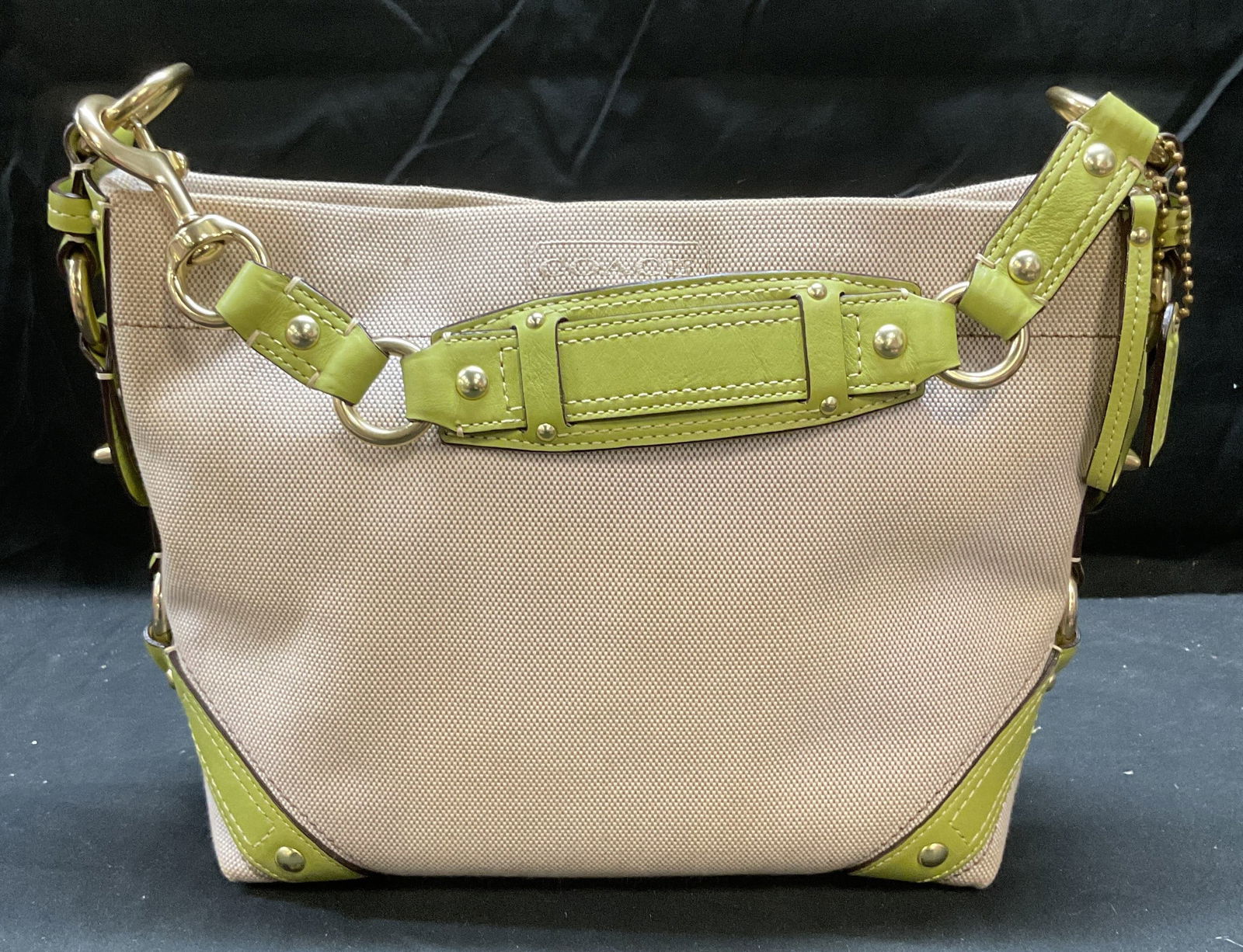 Coach Beige Canvas Green Leather Handbag, Orig Box (1 of 9)