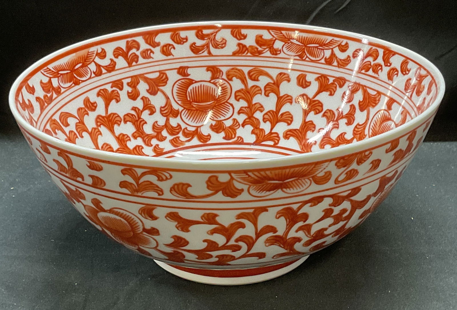 Signed Asian Red & White Lotus Porcelain Bowl (1 of 6)