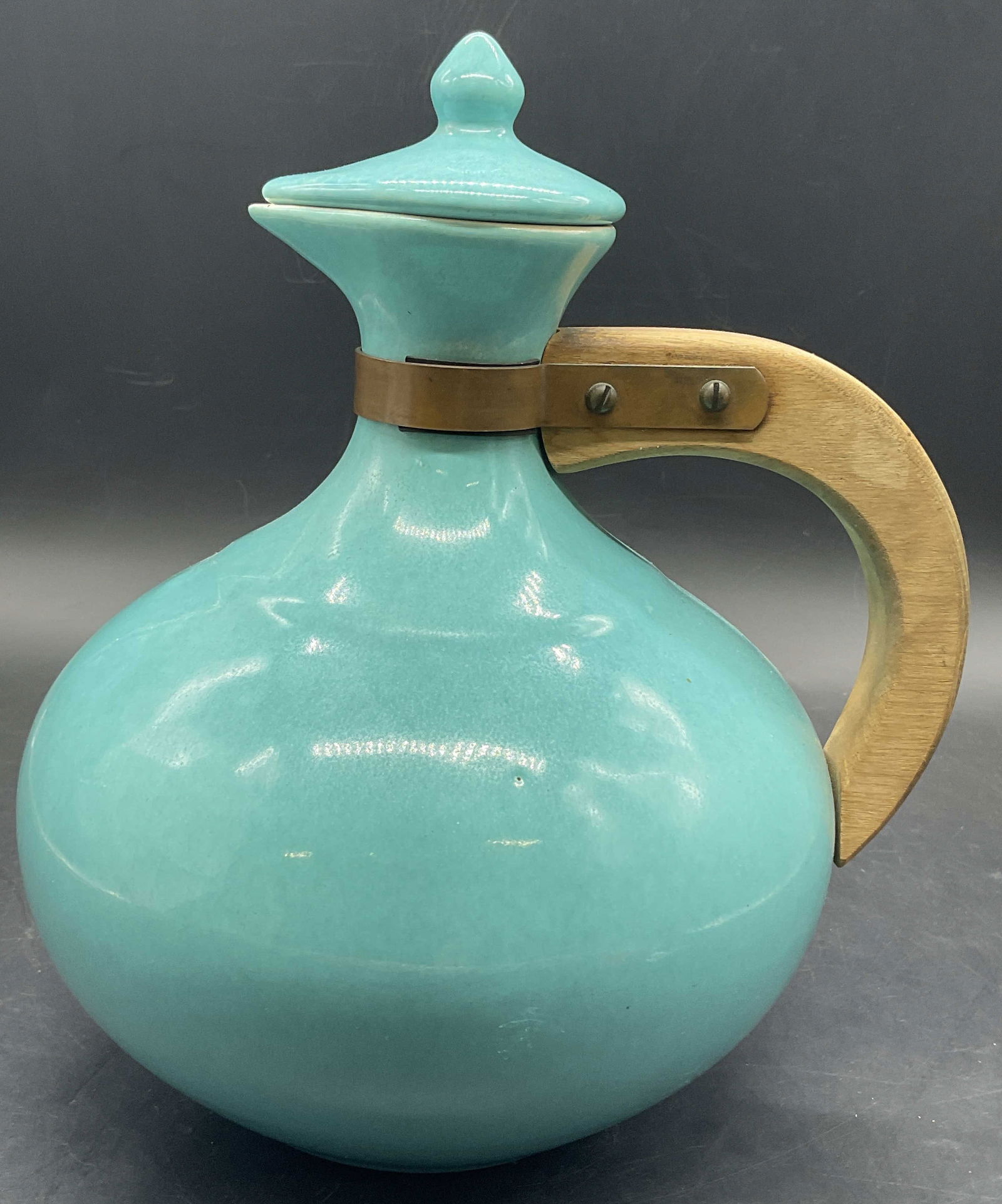 Vintage Blue Ceramic Lidded Pitcher W/ Wood Handle (1 of 8)
