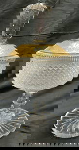 Vintage Crystal Compote W Lid & Gilt Detail: Compote is cut crystal. Piece includes lid. Lid has gilt area with floral leaf & scroll relief detail. Lid has handle. Compote is pedestaled. Piece has diamond form pattern relief detail. Base has cir
