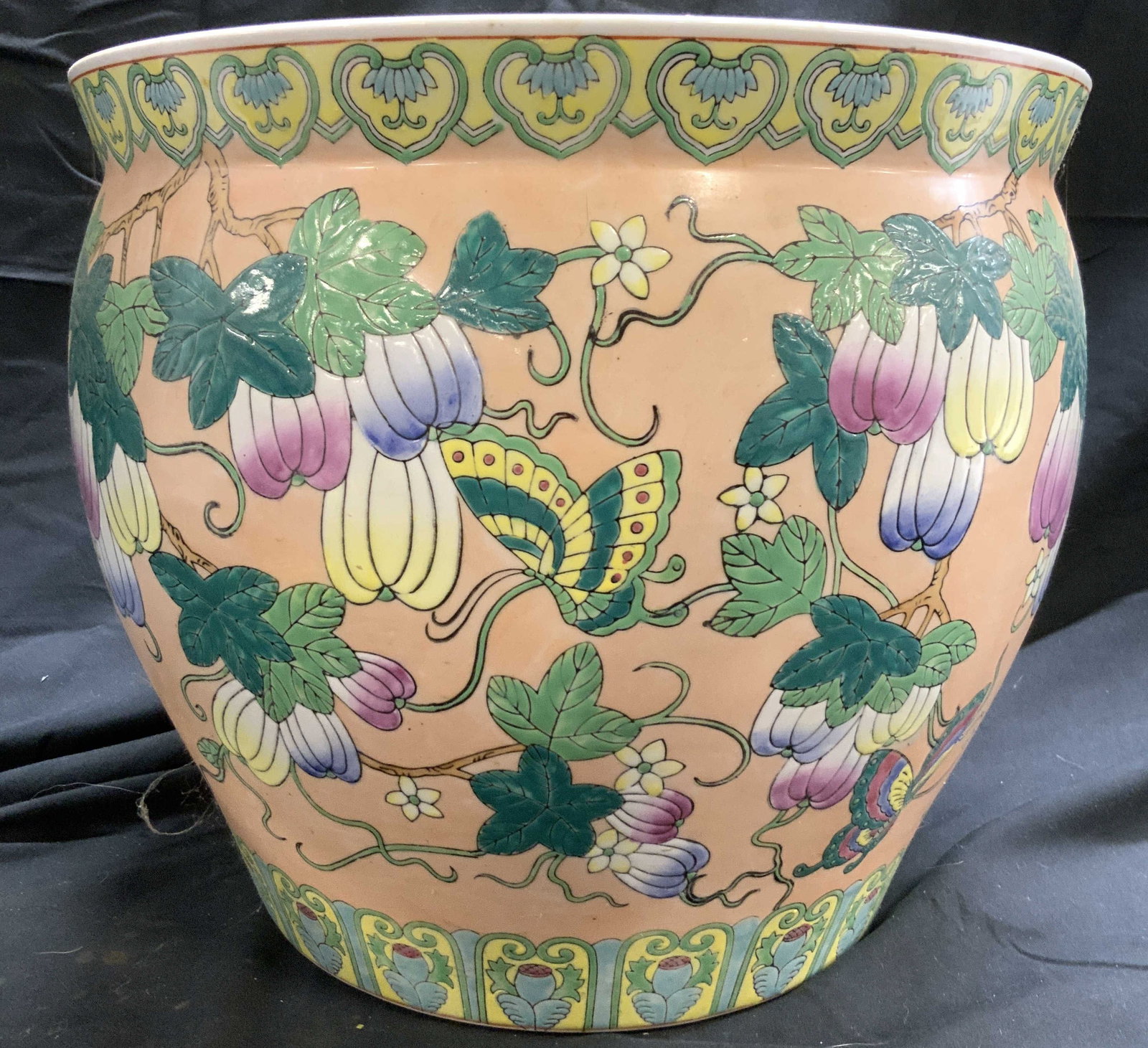 Vntg Hand Painted Asian Porc Fishbowl Planter: Planter is vintage. Piece has fishbowl bowl. Planter is hand painted with floral, leaf & butterfly detail. Interior is white toned. Planter is porcelain. Vessel measures approximately 12 inches tall 1