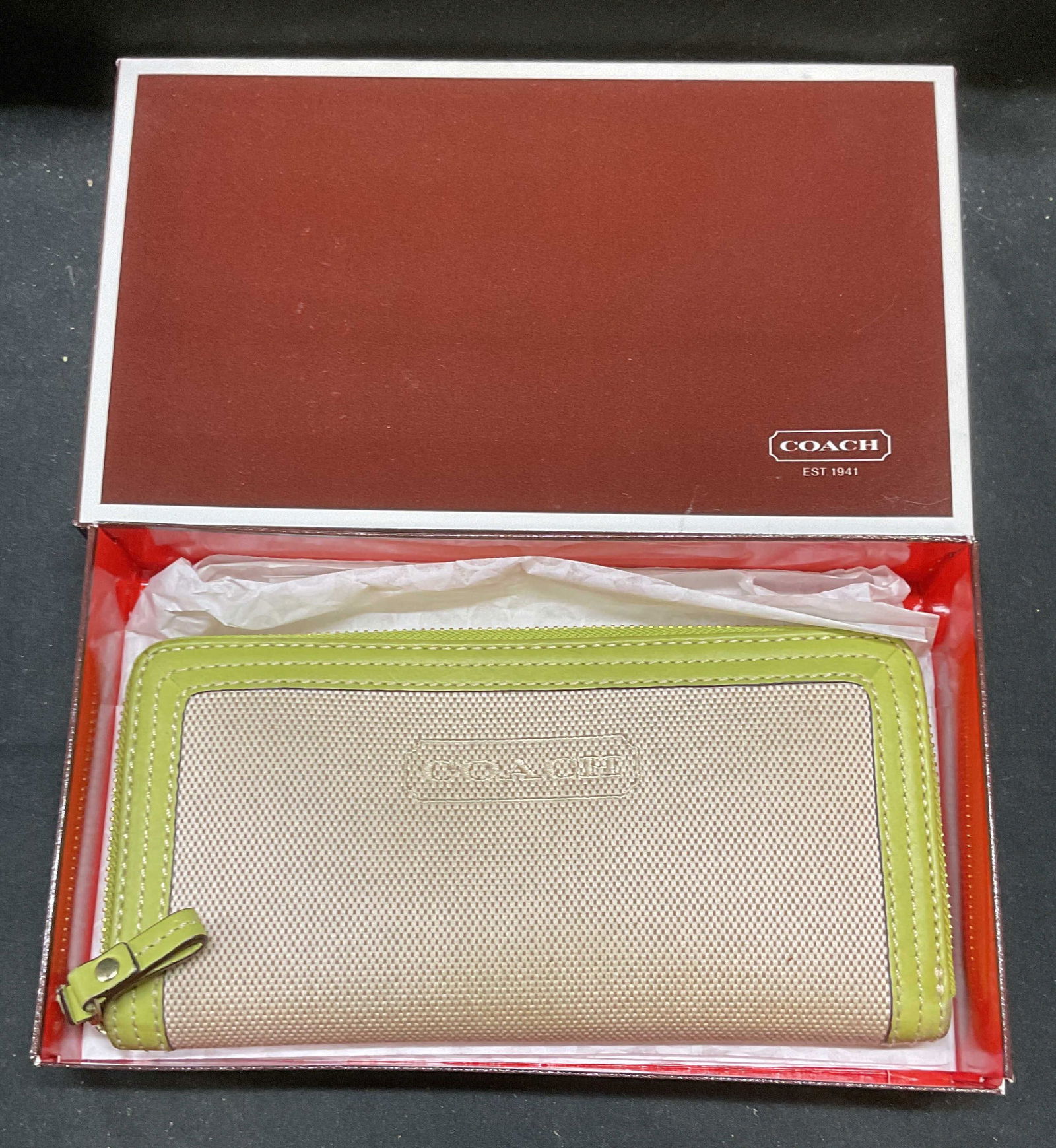 Coach Beige Canvas Green Leather Wallet w Box (1 of 7)