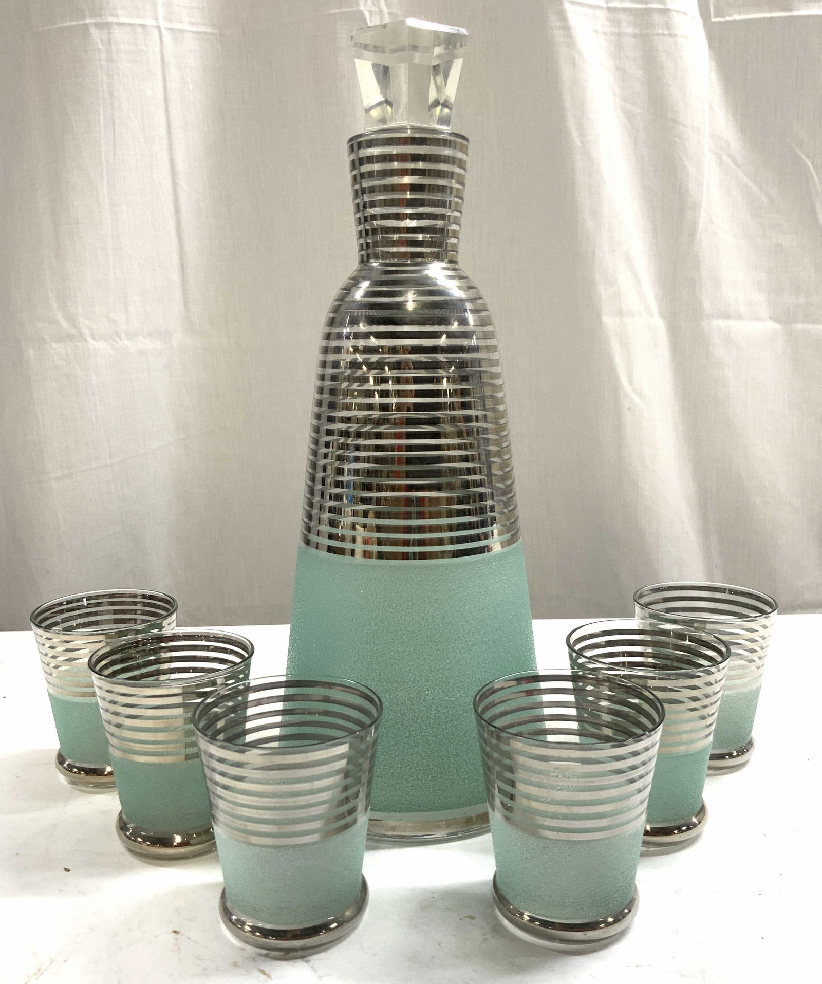 Vtg Set 7 Striped Art Gls Decanter & Shot Glasses (1 of 9)