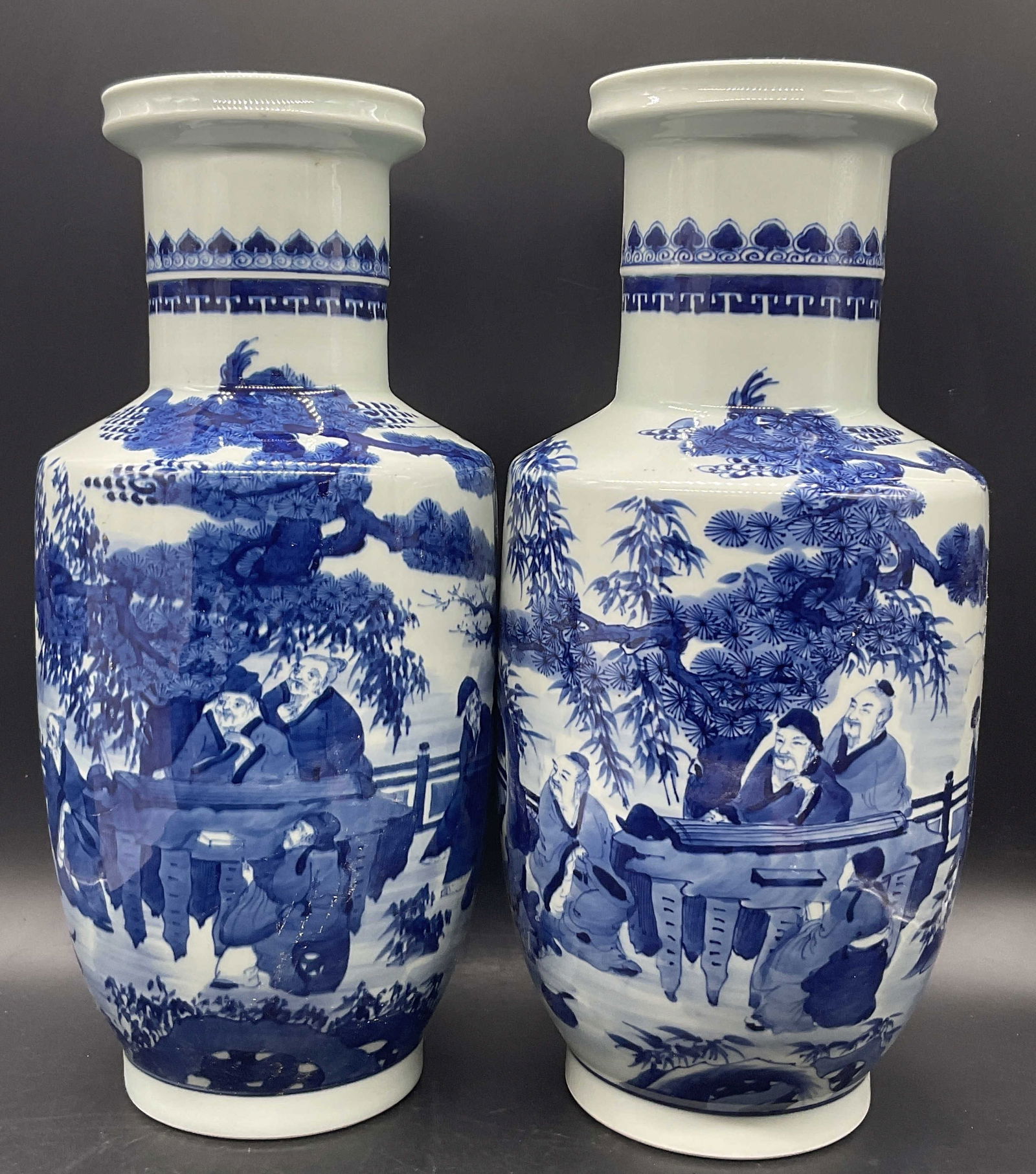 Near Pair Signed Asian Porc Blue & White Vases 15in (1 of 9)