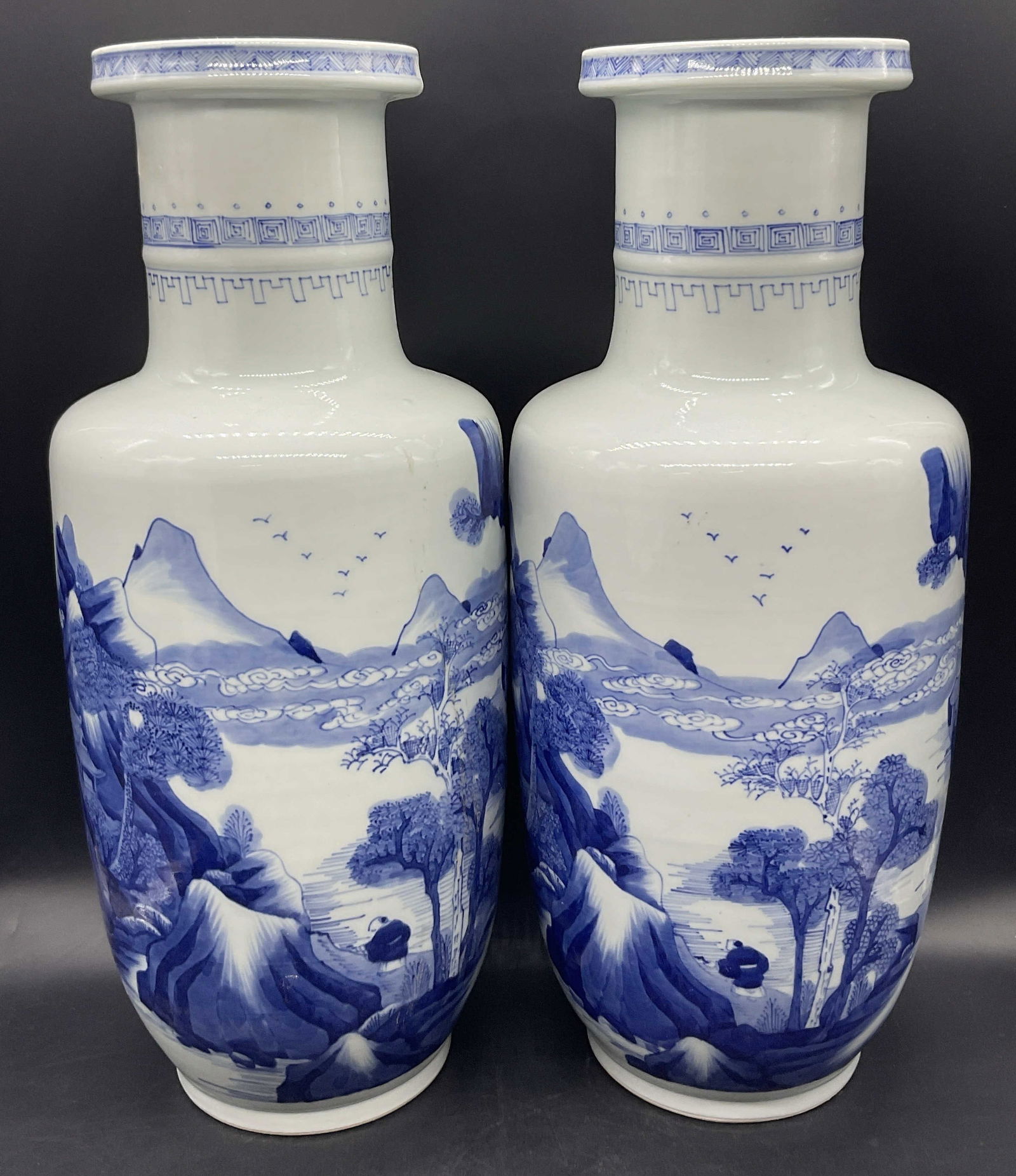 Pr Vntg Signed Asian Porc Blue & White Vases 18in (1 of 9)