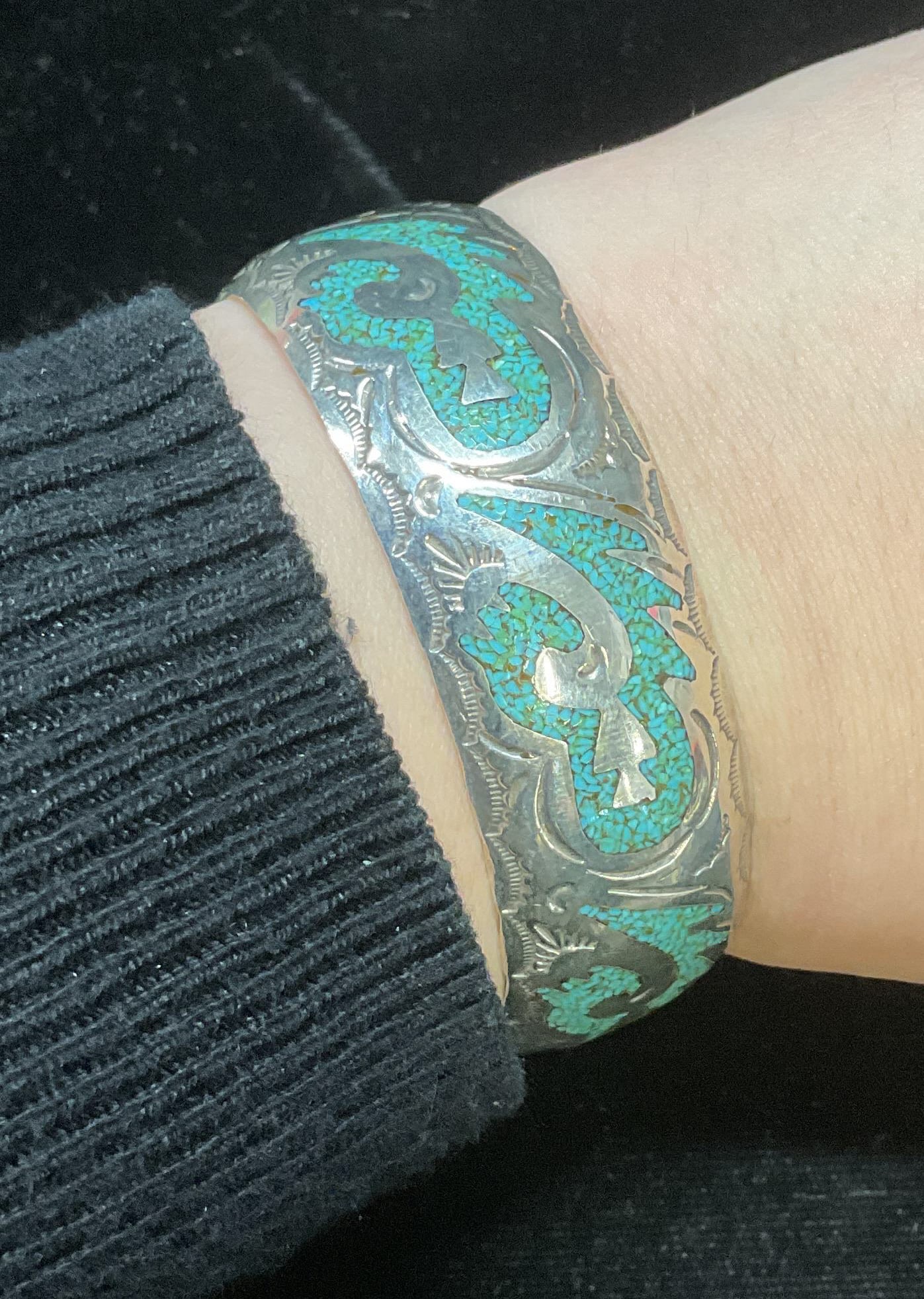 Vtg Signed B Sterling Silver Turquoise Cuff (1 of 6)
