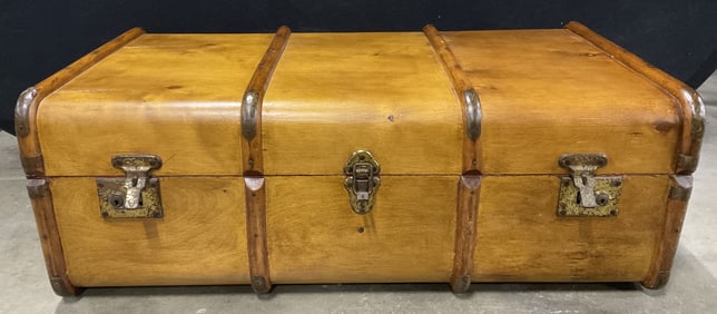 Antique Wooden Travel Trunk W/ Leather Handles