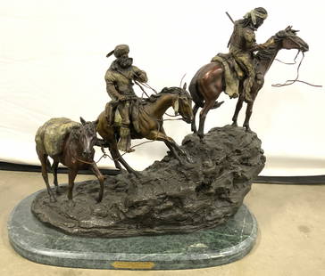 ROY M HARRIS UNKNOWN EXPLORERS Brnz Sclp Marb Base: Signature & plaque reads ROY HARRIS & FREDERIC REMINGTON. Sculpture is solid bronze, has significant weight, with oval form marble base. Piece depicts 2 male figures riding horseback & 1 additional ho