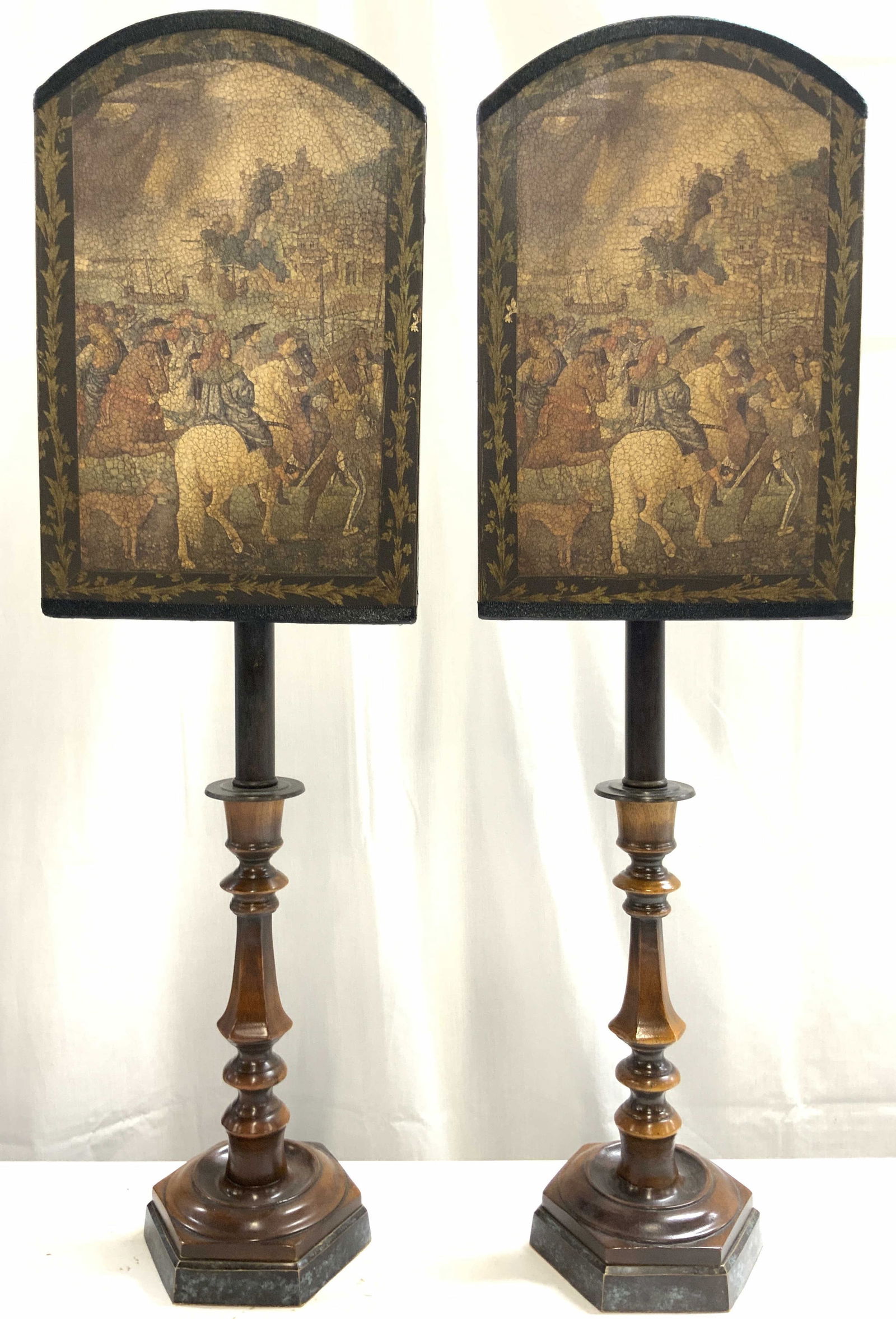 Pr Vtg Table Lamps W Battle Scene Paper Shades (1 of 9)