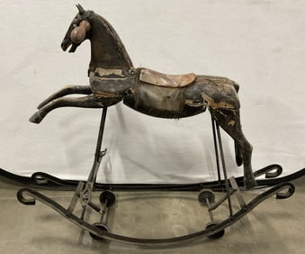Antique French Wood & Iron Rocking Horse Toy