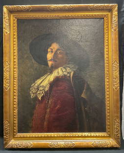 Antique Framed Portrait of Cavalier Oil Painting: Antique framed oil on canvas painting. Portrait of a cavalier. Man dressed in period costume wearing wide brimmed hat, white collar, red coat. Ornate gilt wood frame. Not examined out of frame. No vis