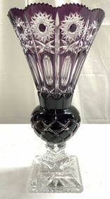 Vtg Crystal Bohemian Glass Pedestaled Vase Purple