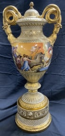 Antq ROYAL VIENNA 19C HndPntd Urn Lid & Base 27in