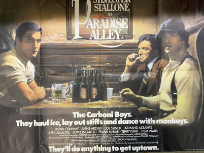 Sylvester Stallone in Paradise Alley 1978 Poster: Sylvester Stallone in Paradise Alley 1978 Poster. Poster from the 1978 film, starring Sylvester Stallone. Featuring an image of a group of men drinking & smoking. Title of the film is in bold white le