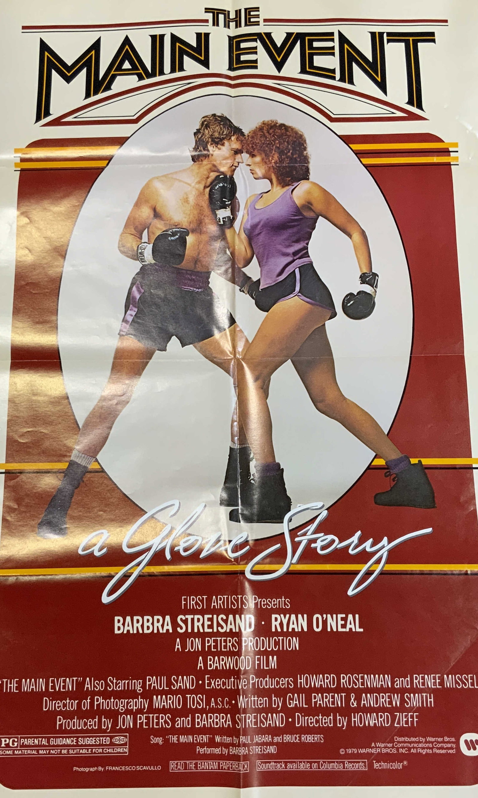 The Main Event Movie Poster A Glove Story 1979 40i: The Main Event Movie Poster: A Glove Story 1979 Poster from the 1979 movie, starring Barbara Streisand & Ryan ONeal. Featuring an image of a man & women boxing. Title of the film is in black & yellow 