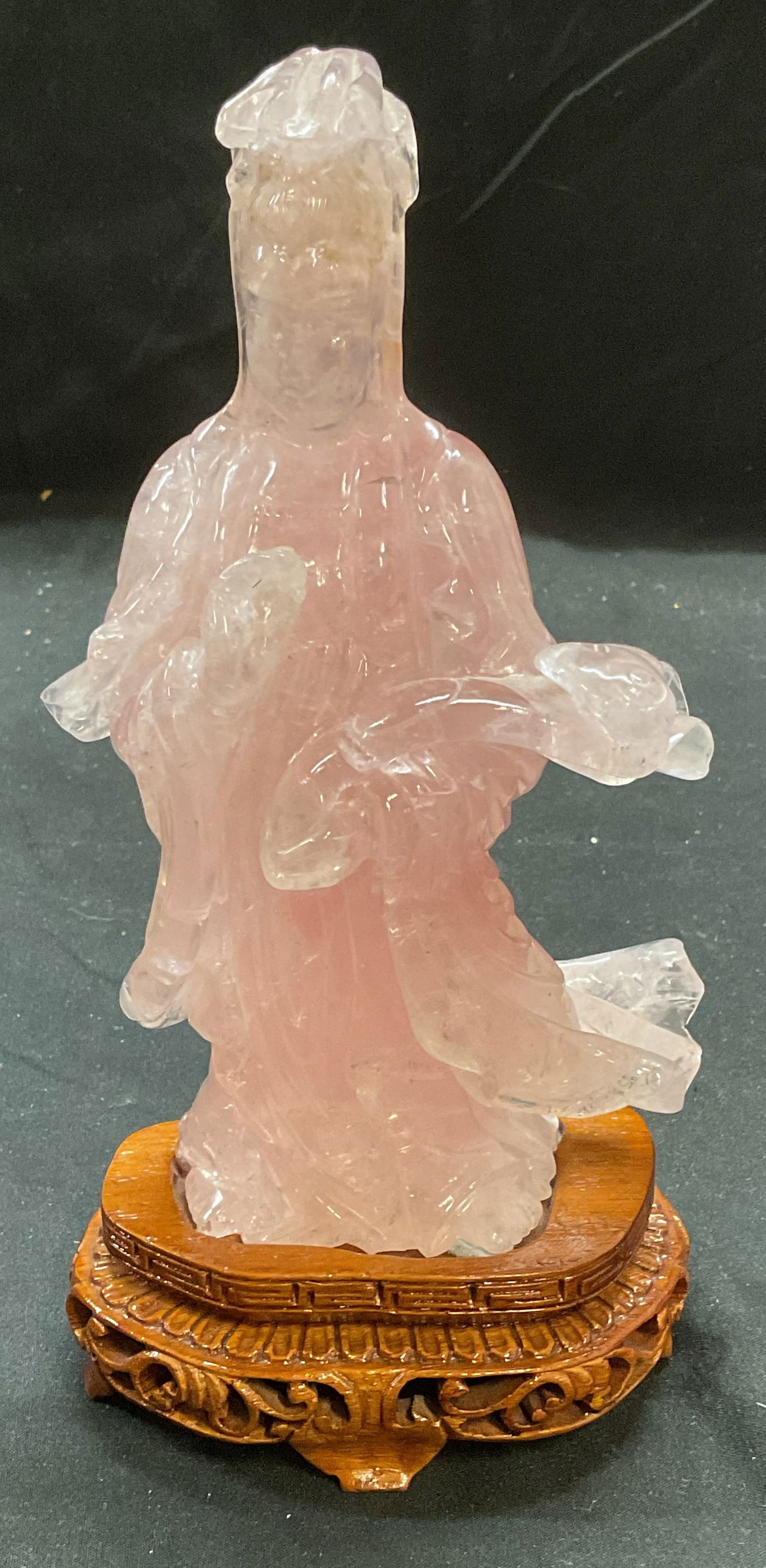 Vintage Carved Pink Jade Asian Figural: Vintage hand carved pink jade Asian figural of a man. Measures approx 3.5 x 2 x 6.75 inches. Some wear including scratching. Jade figural, pink jade figural, Asian jade figural, Asian jade, collectibl