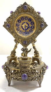Viennese Gilt Sterling Silver Amethyst & Pearl Clk: Viennese Gilt Sterling Silver Amethyst & Pearl Mounted Mantel Clock. Piece appears to be antique possibly vintage. Mantel clock is footed with 4 scrolled feet. Piece has intricate scroll, floral and l