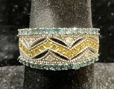 14k White Gold Semiprecious Diamond Ring: Vintage signed 14k white gold ring. White band with colored semiprecious stones and diamonds. Signed illegibly. Marked 14k. Ring size 6.75. Total weight 6.5 grams. Some wear including scratching obser