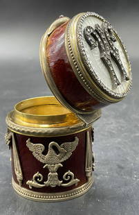 Faberge Signed 916 Silver & Diamond Trinket Box: Faberge Signed 916 Silver & Diamond Trinket Box. Cylindrical form. Features intricate guilloche enameling, raised bird & floral motifs, and diamonds alongside semiprecious stones. The lid opens with h