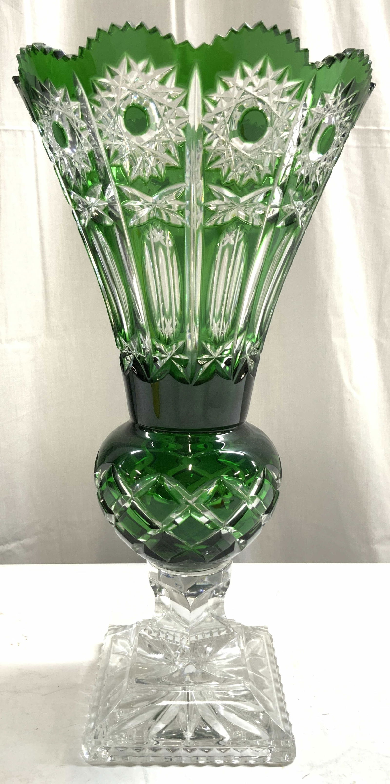 Vtg Crystal Bohemian Gla Pedestaled Vase Green (1 of 10)