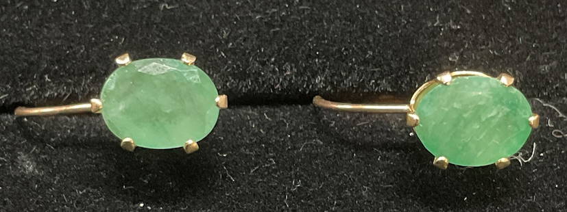 Vtg Signed 14k Gold Semiprecious Earrings: Vintage signed 14k gold earrings green semiprecious stone earrings. Marked 14k. Signed L. Measure approx 3/8 inches long. Total weight 1.2 grams. Includes box. Some wear including scratching observed.
