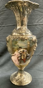 Antq French Sterling Silver & Enamel Cabinet Vase
