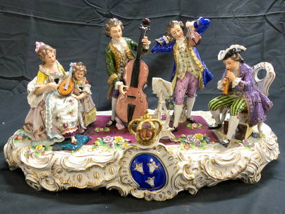 SITZENDORF DRESDEN Vtg Porc Grp Of 5 Figures 19in: Underside is marked with SITZENDORF Trademark & marked DRESDEN. Piece is vintage. Structure is porcelain, depicts a scene with 3 male and 2 female figures. Each playing an instrument. Front of piece h