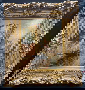 Framed Signed Venetian Scene Oil Painting: Framed and signed oil on canvas painting. Signed at lower left, illegible, initials F. K. Italian Venetian scene. Gondola on water with buildings. Ornate decorative gilt wood and gesso frame. Not exam