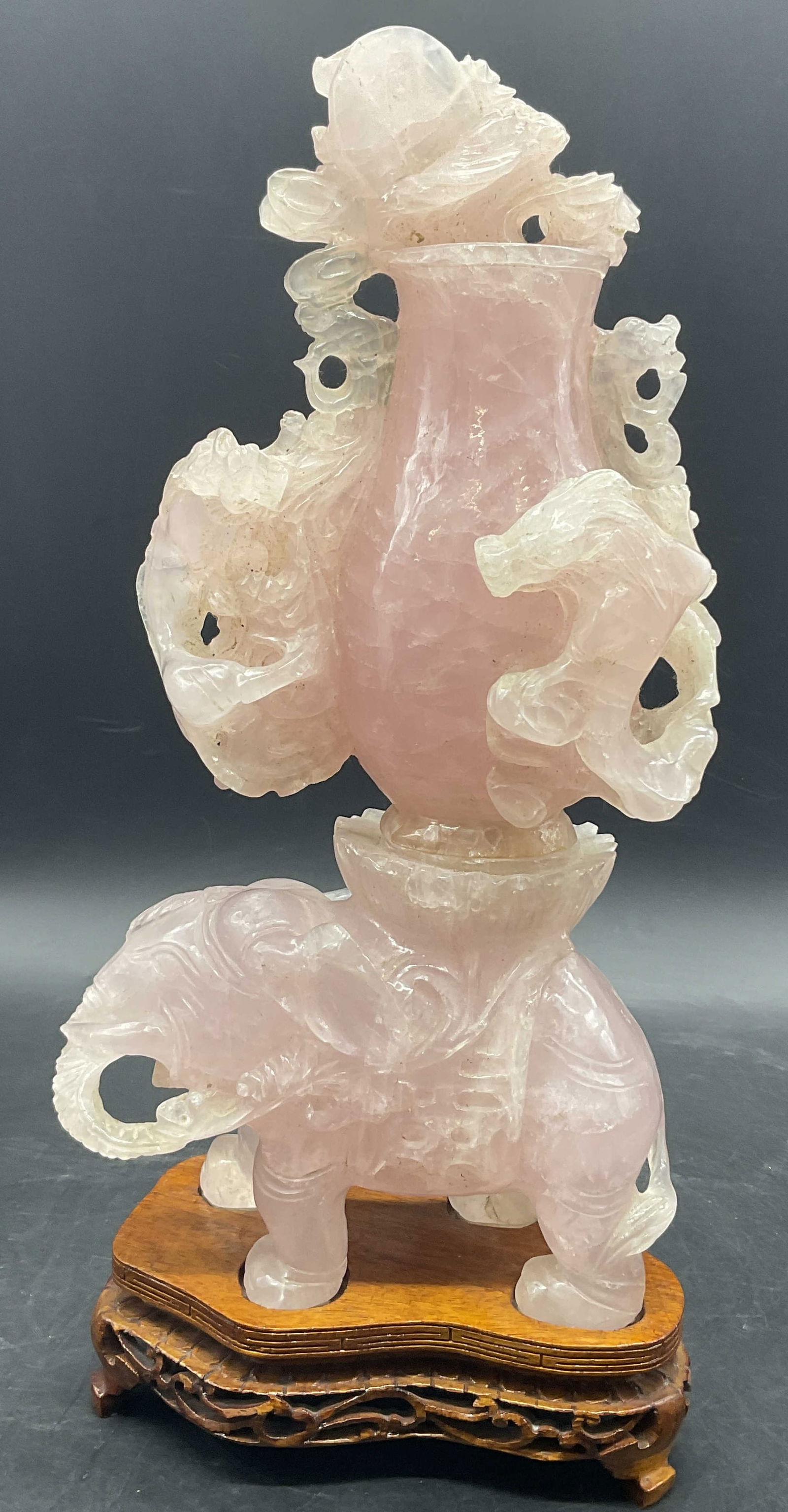 Pink Jade Carved Elephant Vase Fig W Stand 13in (1 of 13)