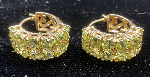 14k Yellow Gold Semiprecious Hoop Earrings: 14k yellow gold hoop earrings with green semiprecious stones. Marked 14k. Additional marks illegible. Measure approx .5 inches wide. Total weight 3.5 grams. Includes jewelry box. Some wear including s