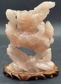 Pink Jade Carved Leaping Foo Dog Figural W/ Stand