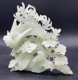 Green Jade Birds Florals Carved Sculpture 7.5in